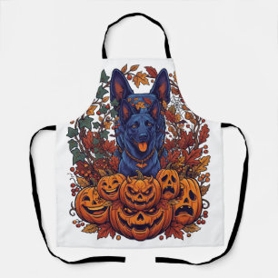 Delantal Calabazas de Halloween Pitbull Azul Hojas de Otoño