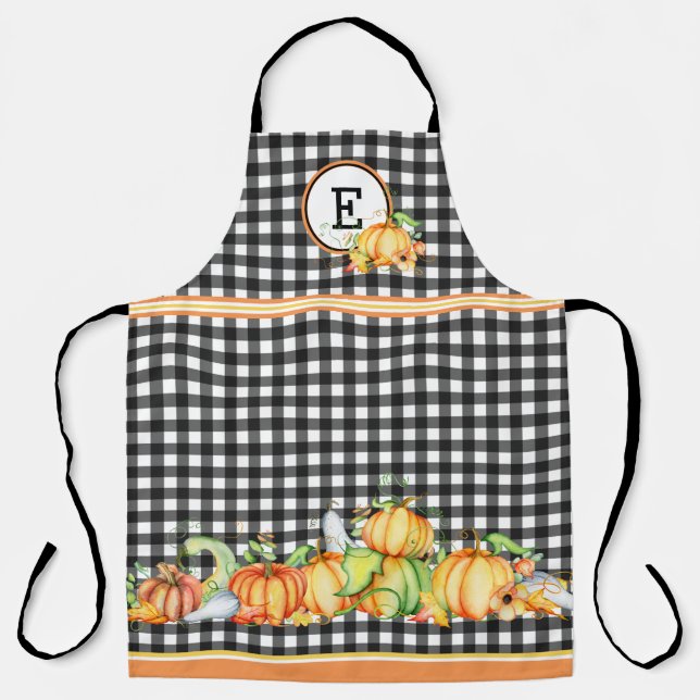 Delantal Calabazas de Otoño en Gingham Negro Monogramado (Anverso)
