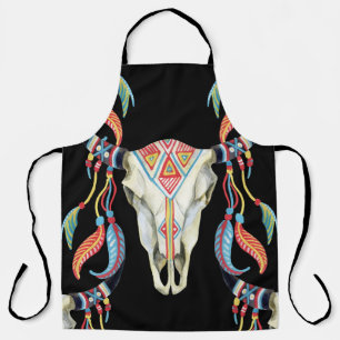 Delantal Calavera de búfalo: fondo de color de agua negro.
