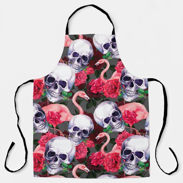 Delantal Calavera humana con flamingo y flores rojas rojas  (Anverso)