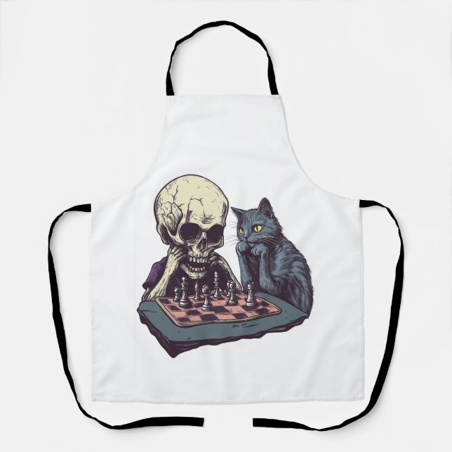 Delantal Calavera vs Gato � Divertida Batalla de Ajedrez (Anverso)