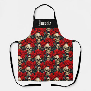 Delantal Calaveras con Rosas Rojas y Negras
