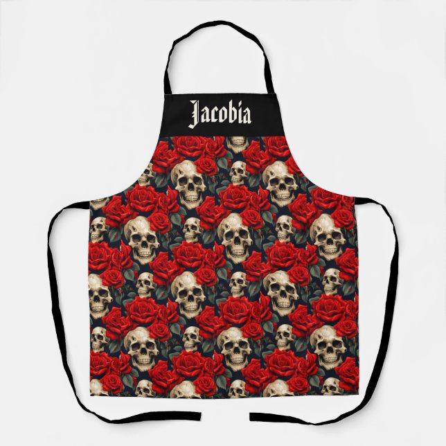 Delantal Calaveras con Rosas Rojas y Negras (Anverso)