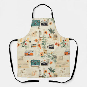 Delantal Cámara Vintage Radio Floral Azul Turquesa Naranja 