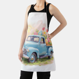 Delantal Camión Azul Antiguo con Huevos de Pascua y Tulipan