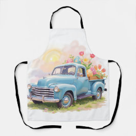 Delantal Camión Azul Antiguo con Huevos de Pascua y Tulipan