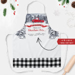 Delantal Camión Vintage Árboles cortados frescos, chapa de<br><div class="desc">Espléndido delantal personalizado Holiday con su propio nombre familiar, nombre o nombre de negocio y exquisito paisaje acuático a mano pintado en invierno de montañas, bosque, viejo camión rojo de moda con árboles navideños, pancarta con nombre rojo y la frase "Árboles de Navidad recién cortados" en caligrafía roja y negra...</div>
