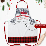 Delantal Camión vintage, árboles cortados frescos, chapa de<br><div class="desc">Espléndido delantal personalizado Holiday con su propio nombre familiar, nombre o nombre de negocio y exquisito paisaje acuático a mano pintado en invierno de montañas, bosque, viejo camión rojo de moda con árboles navideños, pancarta con nombre rojo y la frase "Árboles de Navidad recién cortados" en caligrafía roja y negra...</div>