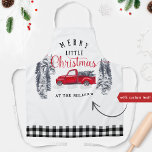 Delantal Camión Vintage Merry Pequeños Navidades Buffalo Pl<br><div class="desc">Específico delantal personalizado Holiday con su propio nombre o mensaje familiar y exquisito paisaje acuático pintado a mano de invierno de bosque, camión de cosecha roja con árboles de Navidad y la frase "Navidades merry" en caligrafía roja y negra y tipografía en bloques. Borde decorativo en la parte inferior en...</div>