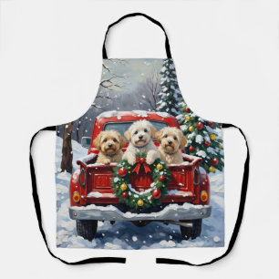 Delantal Camioneta Roja de Navidad Bichon Frise Fiesta