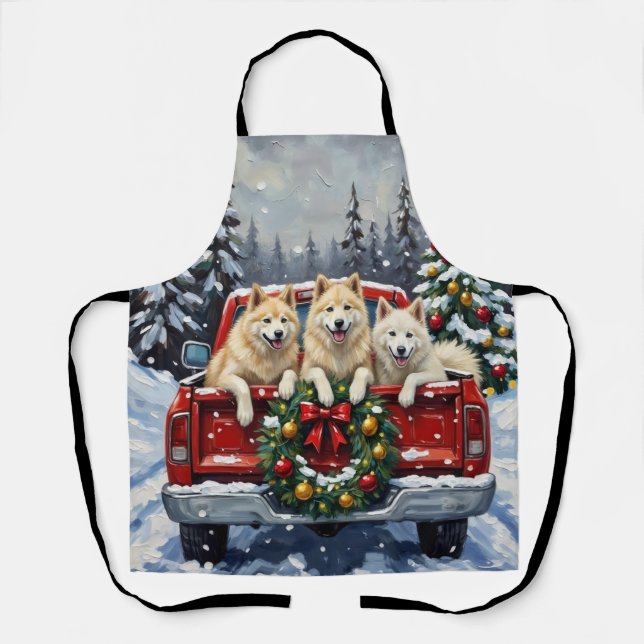 Delantal Camioneta Roja de Navidad Samoyed Fiesta (Anverso)