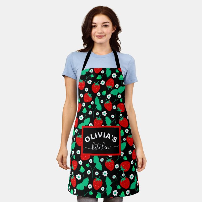 Delantal Campos de fresa patrón Apron negro (Gastado)