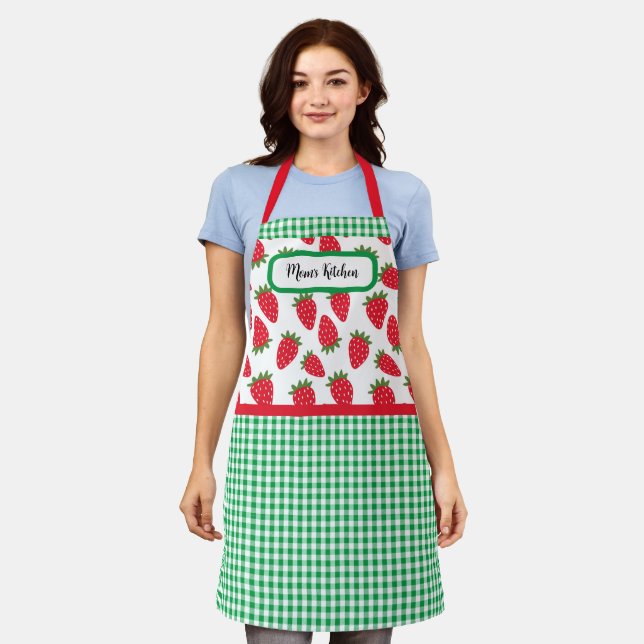 Delantal Campos de fresa y Green Gingham Check Apron (Gastado)