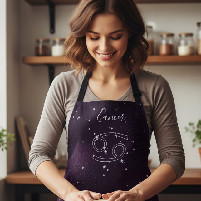 Delantal Cáncer morado Rótulo Zodiaco Astrología Apron (Grab a groovy purple galaxy apron today!)