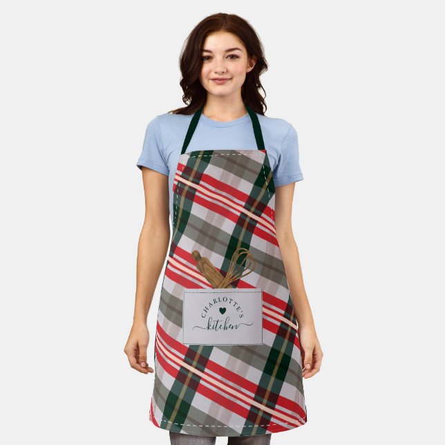 Delantal Candy Cane Plaid Fake Pocket & Wooden Spoisk (Gastado)