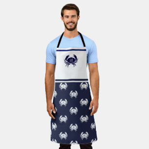 Delantal Cangrejo azul monogramado de la Marina Blanca Naut