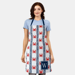 Delantal Cangrejo Preppy Llave Griega - Monograma Rojo y Az