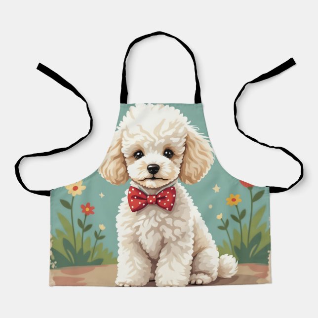 Delantal Caniche blanco adorable con corbatín (Anverso)