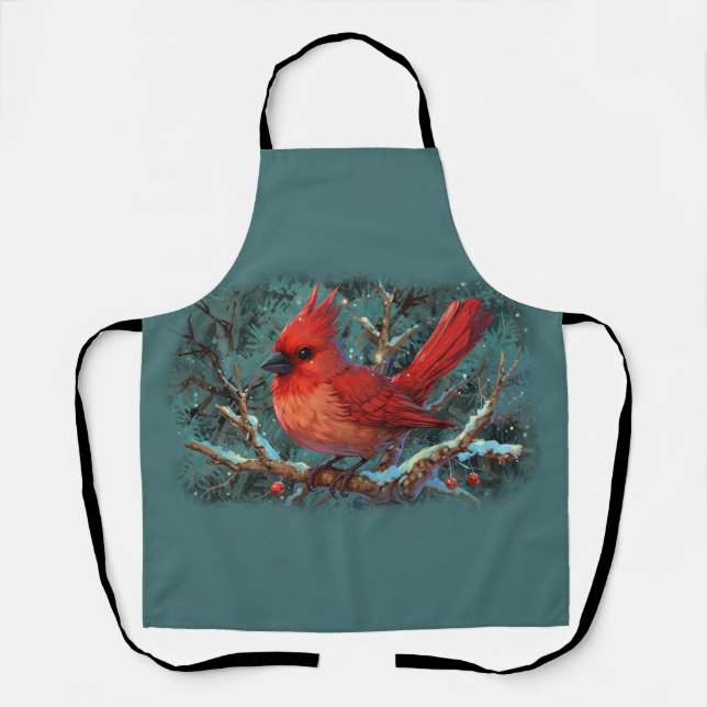 Delantal Cardenal rojo curado con bayas rojas de invierno (Anverso)