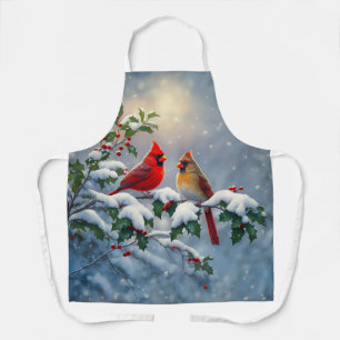 Delantal Cardenales rojos y acebo en la nieve