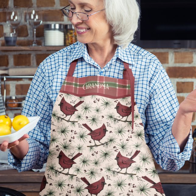 Delantal Cardenales rojos y Navidades incriminados (Elegant Christmas Red Cardinal Bird, Pine, Red & Green Plaid Apron. Hand Drawn Winter Cardinal Birds)