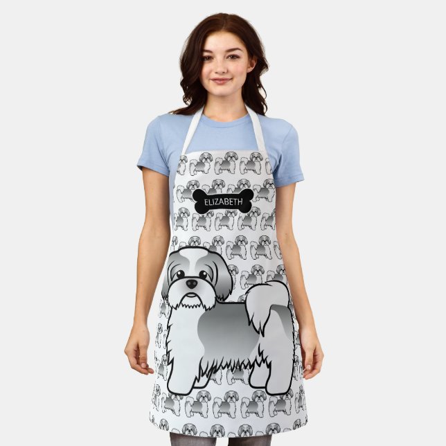 Delantal Caricatura Shih Tzu De Plata Y Blanco Perro Y Nomb (Gastado)
