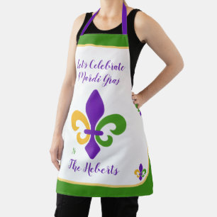 Delantal Carnaval Nombre Verde Dorado Púrpura Fleur de Lis