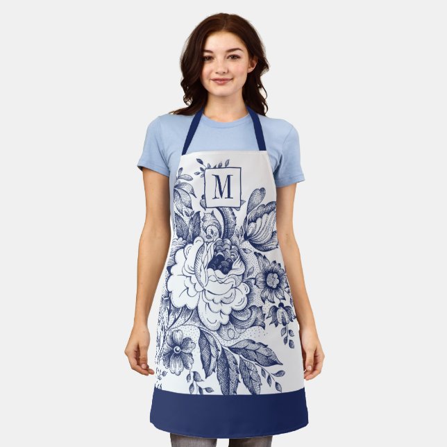 Delantal Casa de campo de época Peony Monogram Blue (Gastado)