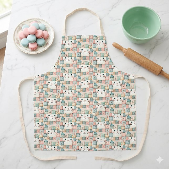 Delantal Casa de gatito pastel de falso patchwork (Faux Patchwork Pastel Kitty Cottage Apron)