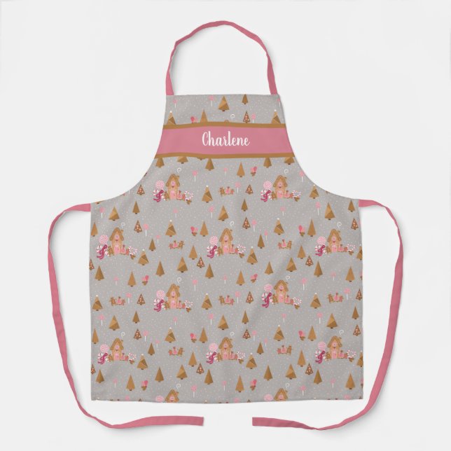 Delantal Casa de Gingerbread Cuadros Candy Canes Gray Pink (Anverso)