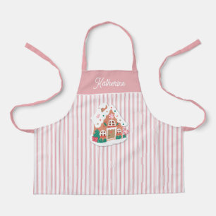 Delantal Casa de pan de jengibre rosa festiva y linda franj
