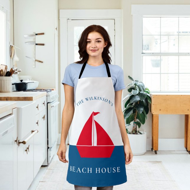 Delantal Casa de verano náutica mínima personalizada (modern nautical personalized beach house kitchen apron , modern stylish and minimalistic )