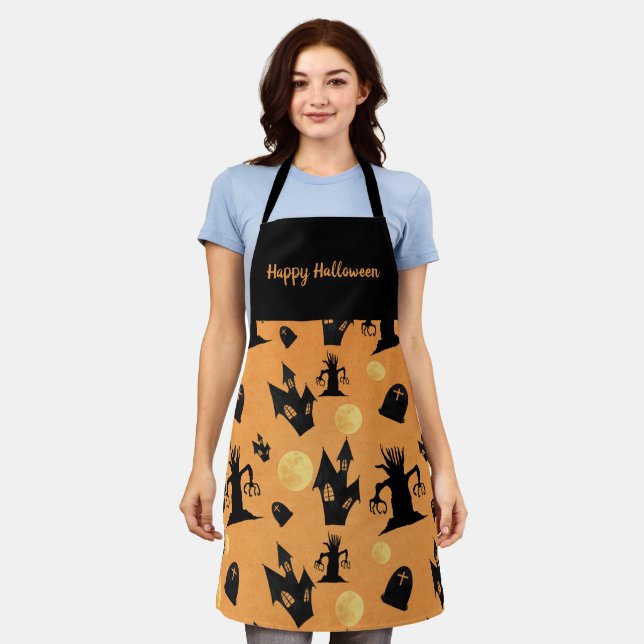 Delantal Casas de árboles espeluznantes de Halloween negros (Gastado)