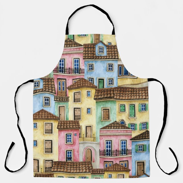 Delantal Casas de Lisboa: Patrón Funicular acuarela. (Anverso)