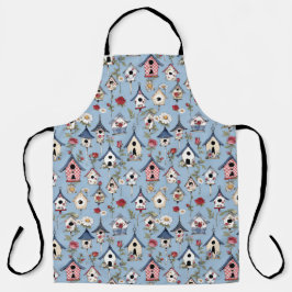 Delantal Casas de pájaros de patchwork floral y fondo azul 