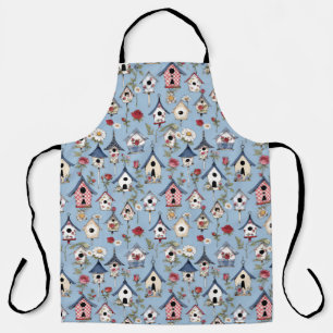 Delantal Casas de pájaros de patchwork floral y fondo azul