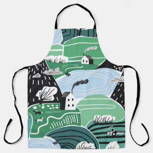 Delantal Casas escandinavas, árboles, ilustracion montañoso