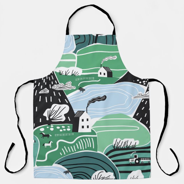 Delantal Casas escandinavas, árboles, ilustracion montañoso (Anverso)