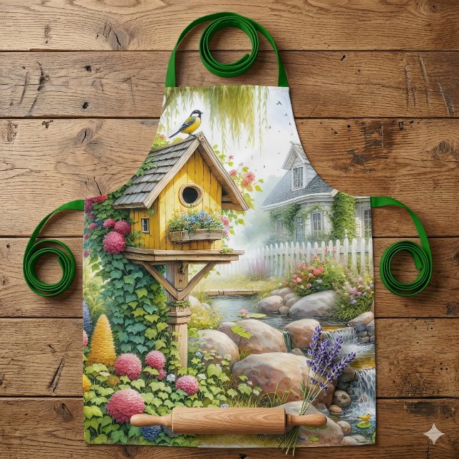 Delantal Casita de jardín caprichosa para pájaros junto al  (Whimsical Cottage Garden Birdhouse Stream Apron)