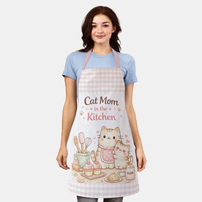 Delantal Cat Mom in the Kitchen Kawaii Pastel Gingham Pink (Gastado)