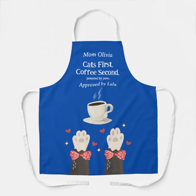 Delantal Cats First Coffee Second Cat Mom Paws Blue Apron (Anverso)