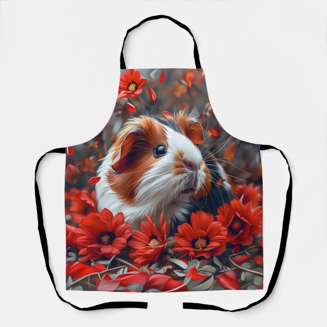 Delantal Cerdo guineano entre flores rojas (Anverso)