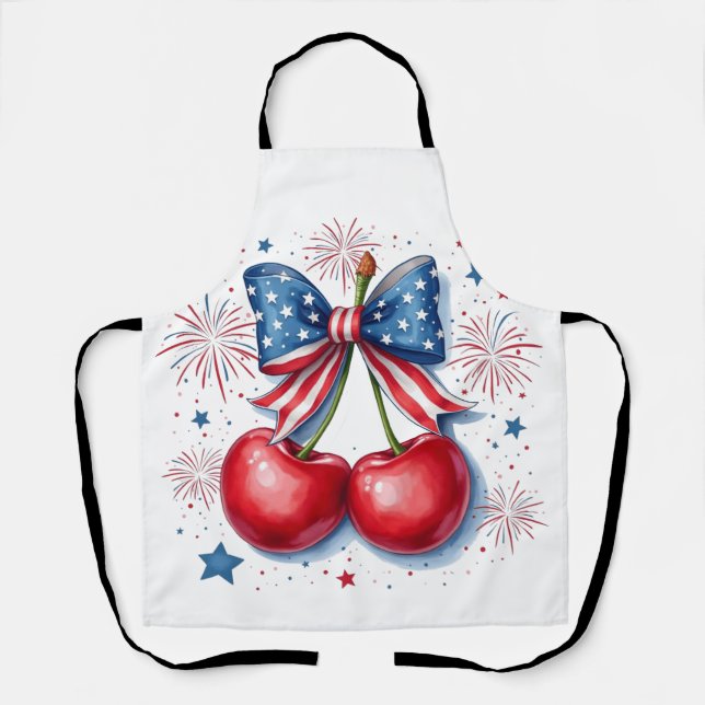 Delantal Cerezas con Coquette Bow 4 de Julio Americano (Anverso)