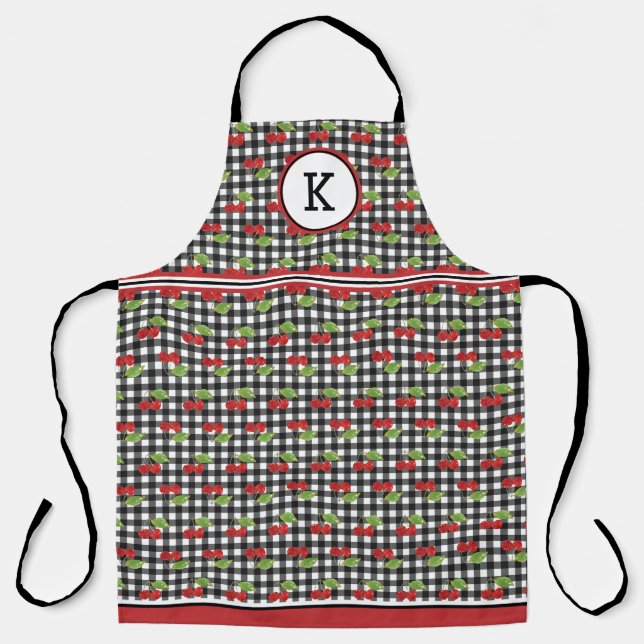 Delantal Cerezas En Black Gingham Monogrammed (Anverso)