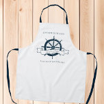 Delantal Chef de crucero Nautical Wheel Beach<br><div class="desc">capitán de barco personalizado de moda o delantal del chef de la costa para una compañía de transatlántico con volante de barco azul marino. Este vintage regalo de temática náutica es perfecto para un hombre de barco cerca de la playa. Personaliza con tu nombre.</div>