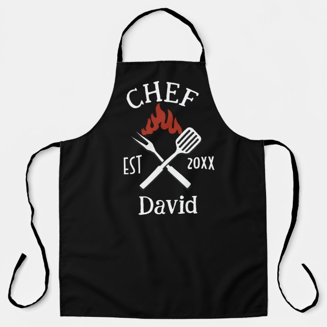 Delantal Chef sencillo moderno Nombre personalizado BBQ Adu (Anverso)