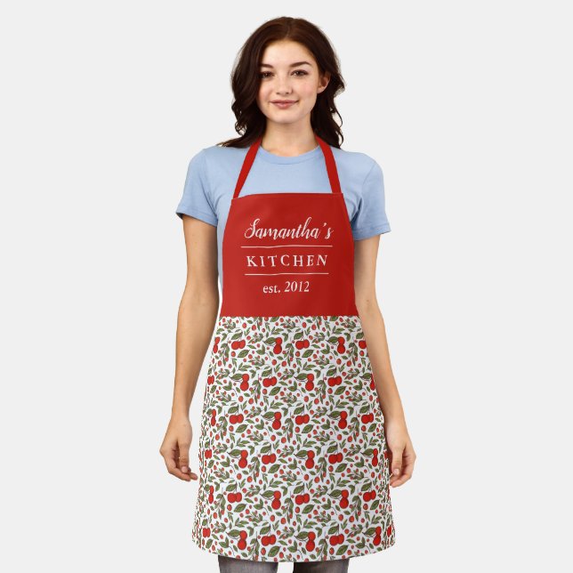 Delantal Cherry Berries Pattern Bonito nombre rojo moderno (Gastado)
