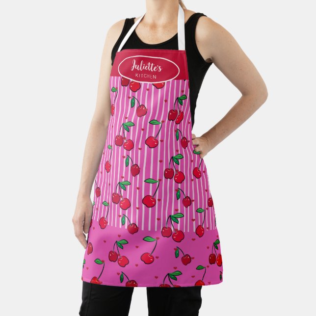 Delantal Cherry Red Heart Pattern Pink Stripe Custom Name (in situ)