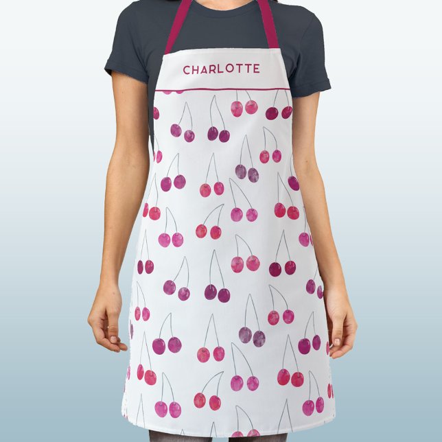 Delantal Cherry Watercolor Personalizado (Pretty watercolor cherry pattern personalized custom name text apron)