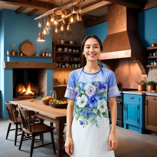 Delantal Chic Blue & Purple Shades Elegant Pansies Floral (Chic Blue & Purple Shades Elegant Pansies Floral Aprons for Personalizing with Initial.)